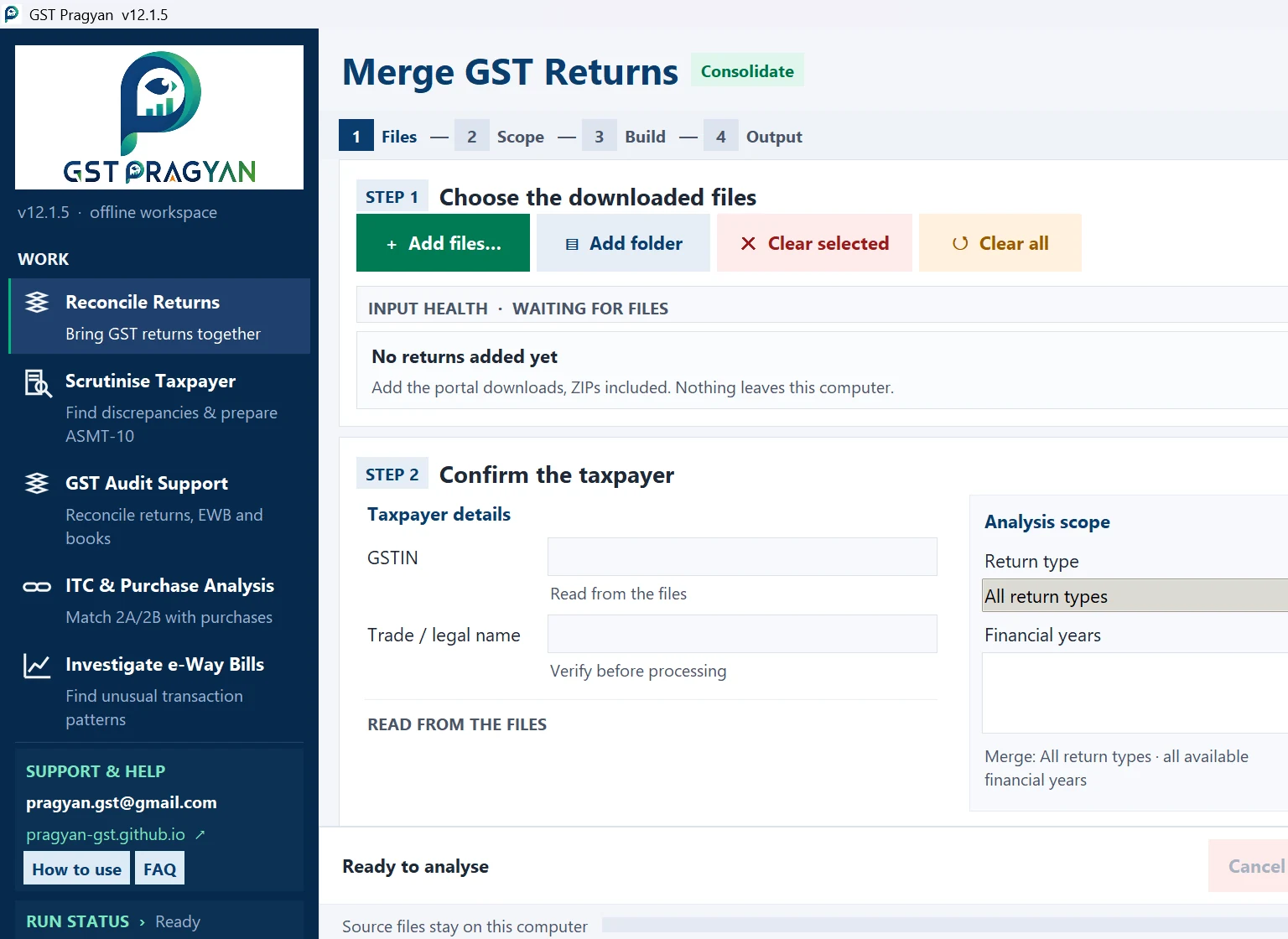 GST Pragyan desktop application showing the Merge GST Returns workspace